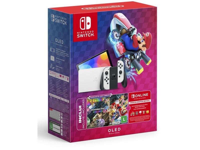 Console Nintendo Switch OLED, Branco + Mario Kart 8 Deluxe + 3